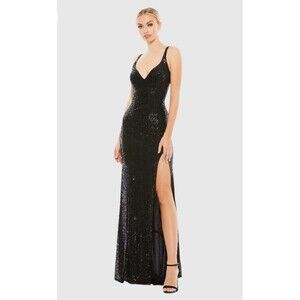 Mac Duggal Womens Black Fully Sequined Scoop Back Gown Style 26443 Size 10 NWT